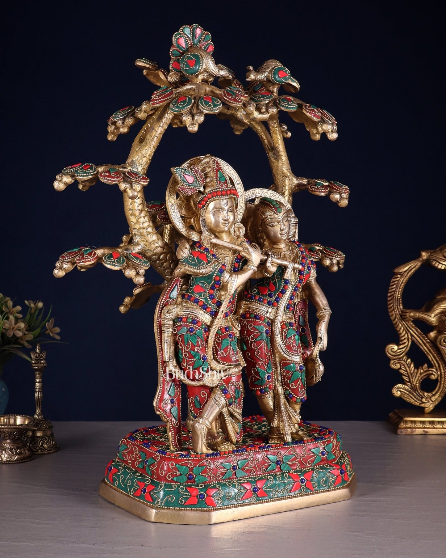 Pure Brass Radha Krishna Under Tree Statue floral Stonework 16" - Budhshiv.com