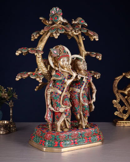 Pure Brass Radha Krishna Under Tree Statue floral Stonework 16" - Budhshiv.com