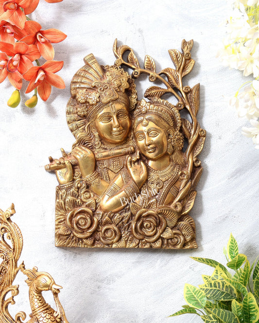Pure Brass Radha Krishna Wall Hanging 14 inch tall - Budhshiv.com