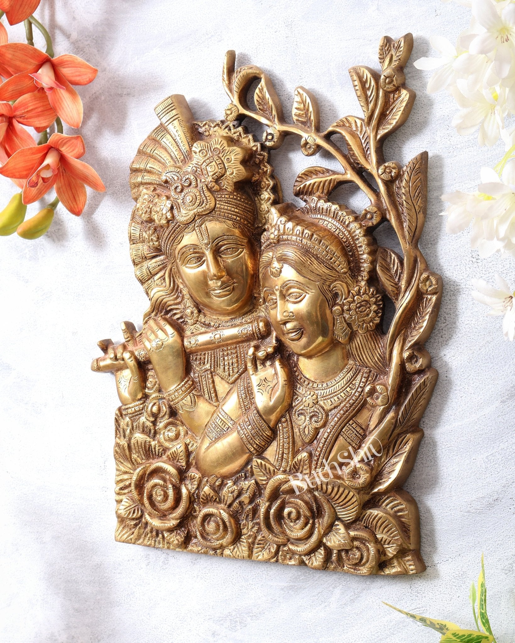 Pure Brass Radha Krishna Wall Hanging 14 inch tall - Budhshiv.com