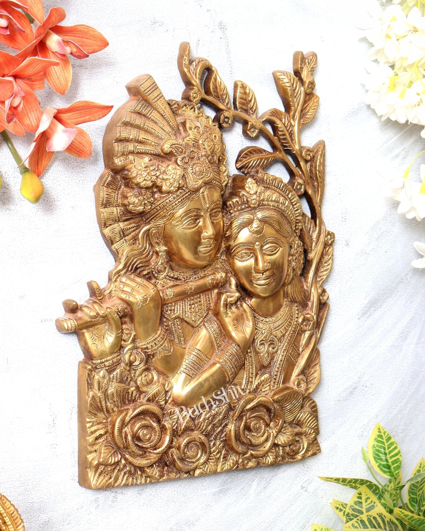Pure Brass Radha Krishna Wall Hanging 14 inch tall - Budhshiv.com