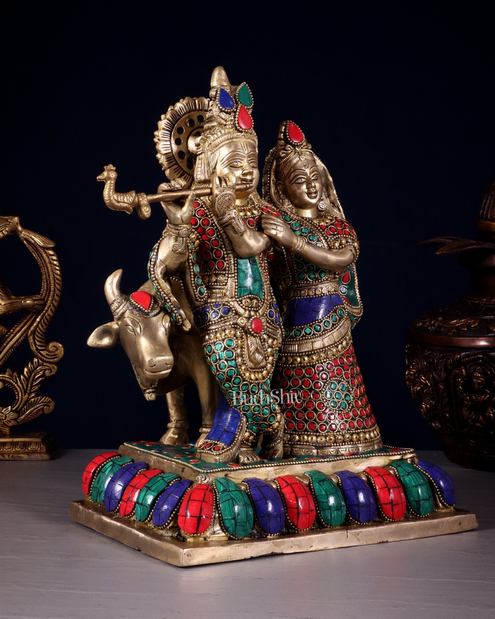 Pure Brass Radha Krishna with Cow Idol – Meenakari Stonework 12 inch - Budhshiv.com