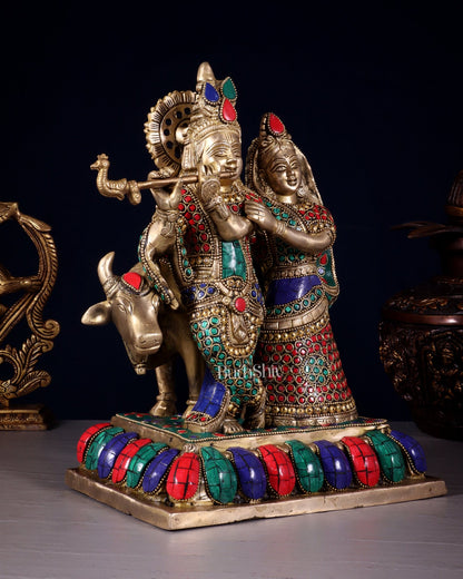 Pure Brass Radha Krishna with Cow Idol – Meenakari Stonework 12 inch - Budhshiv.com