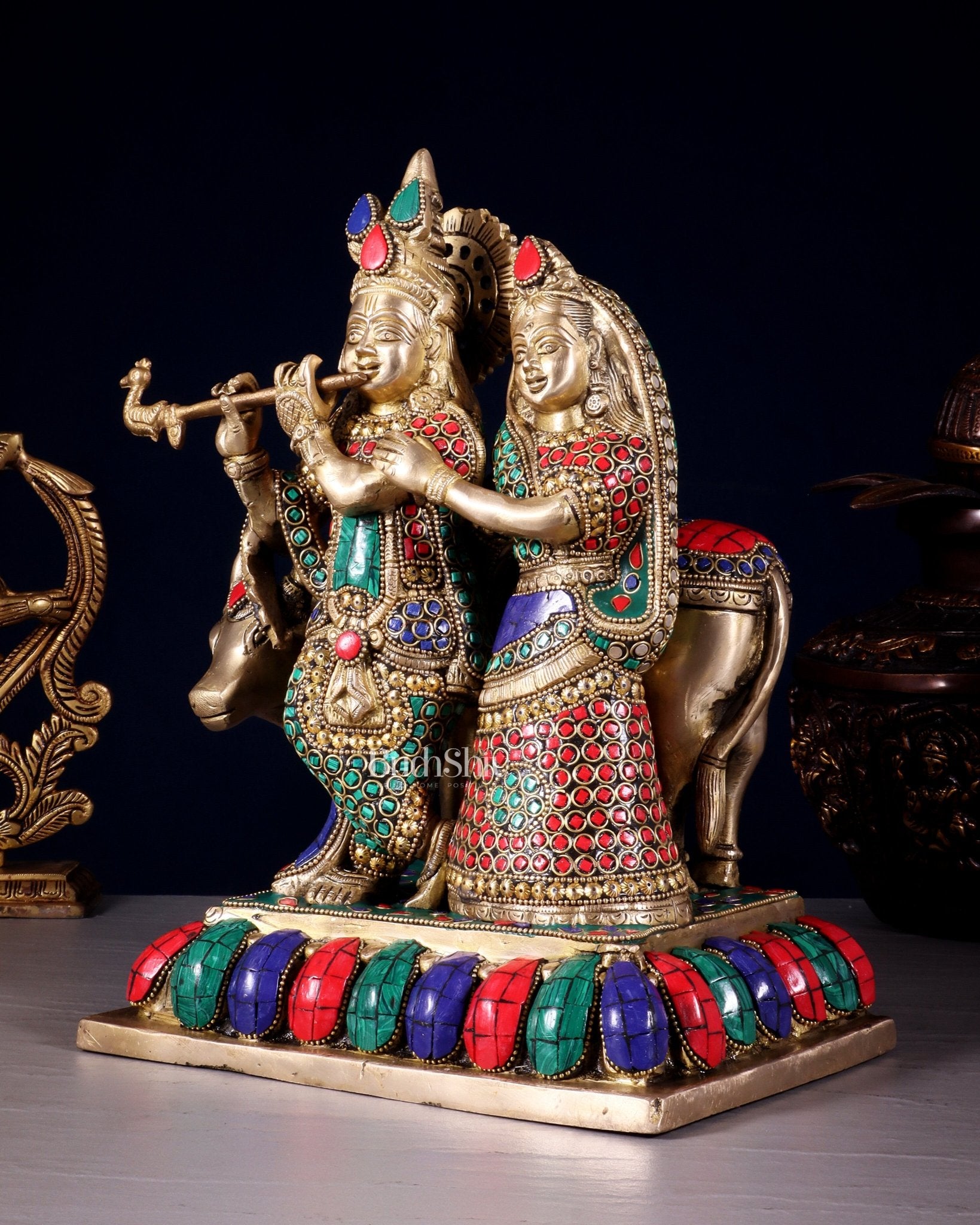 Pure Brass Radha Krishna with Cow Idol – Meenakari Stonework 12 inch - Budhshiv.com