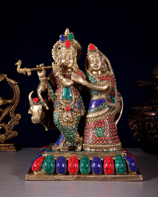 Pure Brass Radha Krishna with Cow Idol – Meenakari Stonework 12 inch - Budhshiv.com