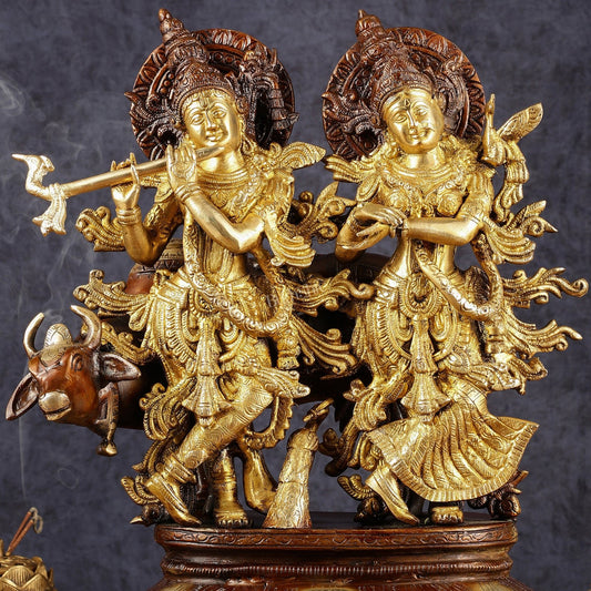Pure Brass Radha Krishna with Cow Statue | Dual Tone | Height: 16.5 inch - Budhshiv.com