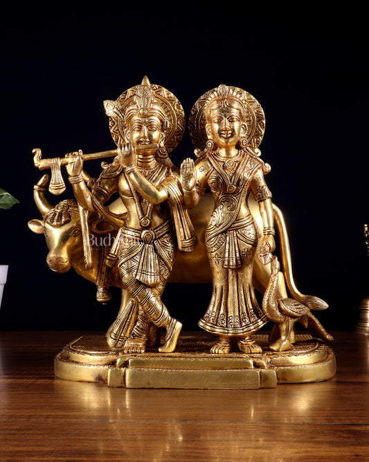 Pure Brass Radha Krishna with Cow Statue – Intricately Detailed 10 inch - Budhshiv.com