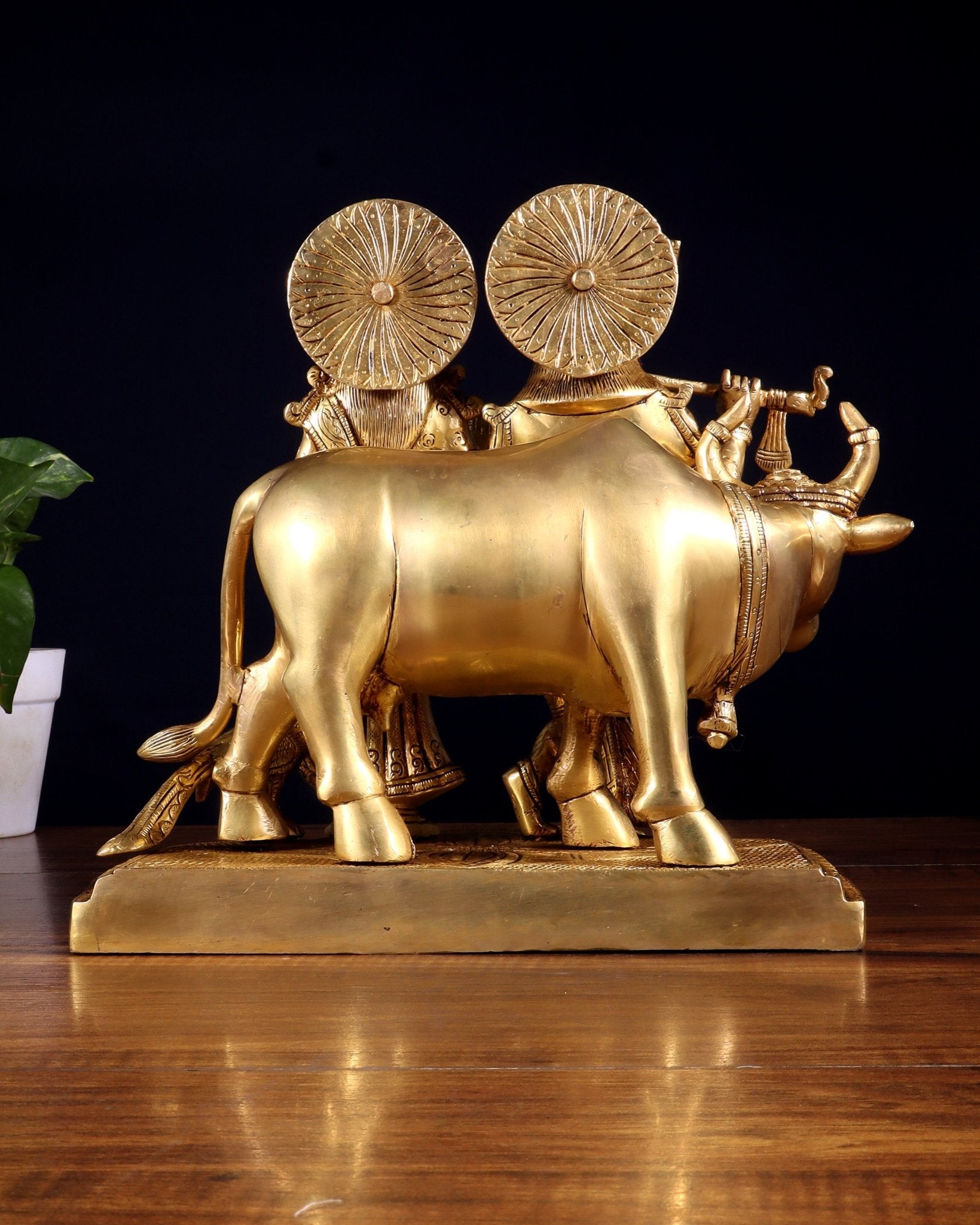 Pure Brass Radha Krishna with Cow Statue – Intricately Detailed 10 inch - Budhshiv.com