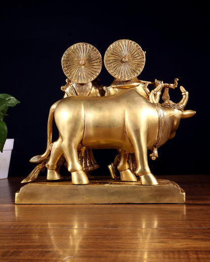Pure Brass Radha Krishna with Cow Statue – Intricately Detailed 10 inch - Budhshiv.com