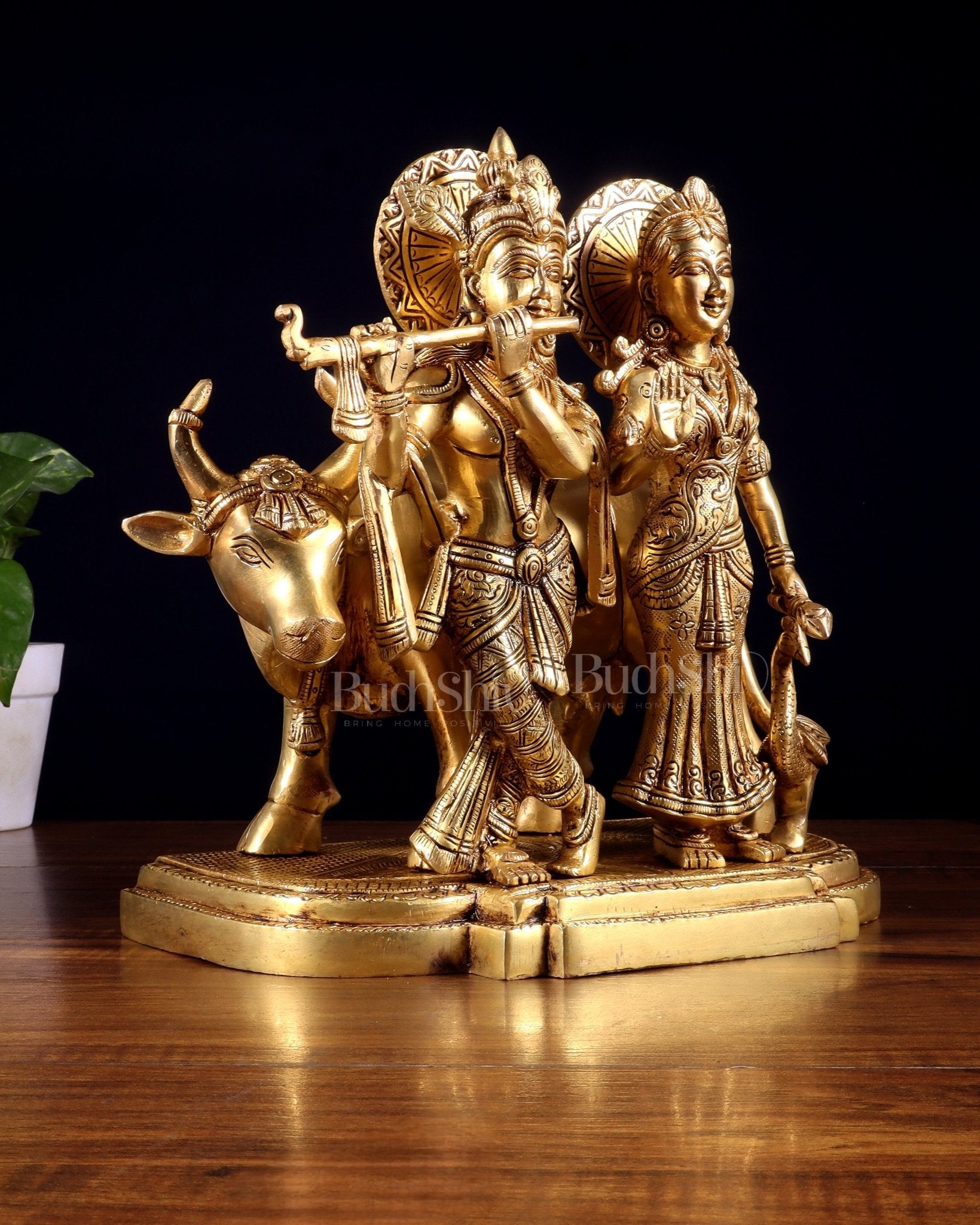 Pure Brass Radha Krishna with Cow Statue – Intricately Detailed 10 inch - Budhshiv.com