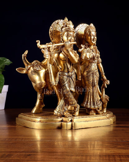 Pure Brass Radha Krishna with Cow Statue – Intricately Detailed 10 inch - Budhshiv.com