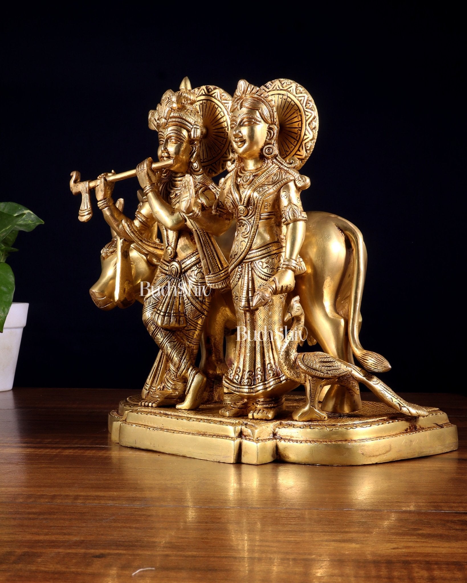 Pure Brass Radha Krishna with Cow Statue – Intricately Detailed 10 inch - Budhshiv.com