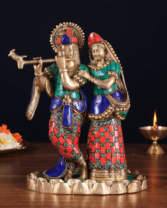 Pure Brass Radha Krishna with Idol - 11 inch with stonework - Budhshiv.com