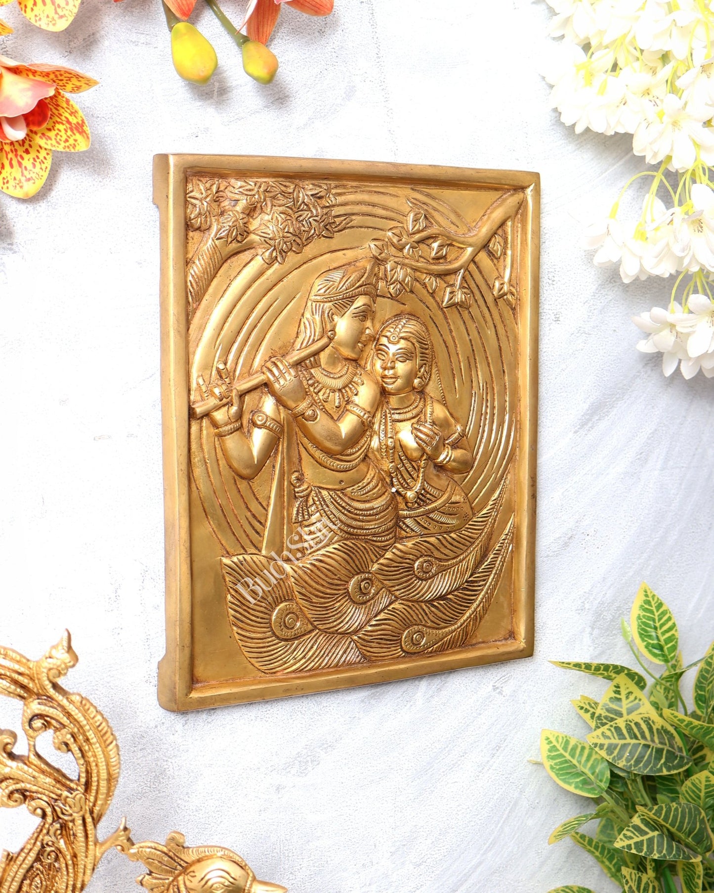 Pure Brass Radha Krishna with Kalpavriksha & Peacock Motifs – 3D Wall Hanging 11 inch - Budhshiv.com