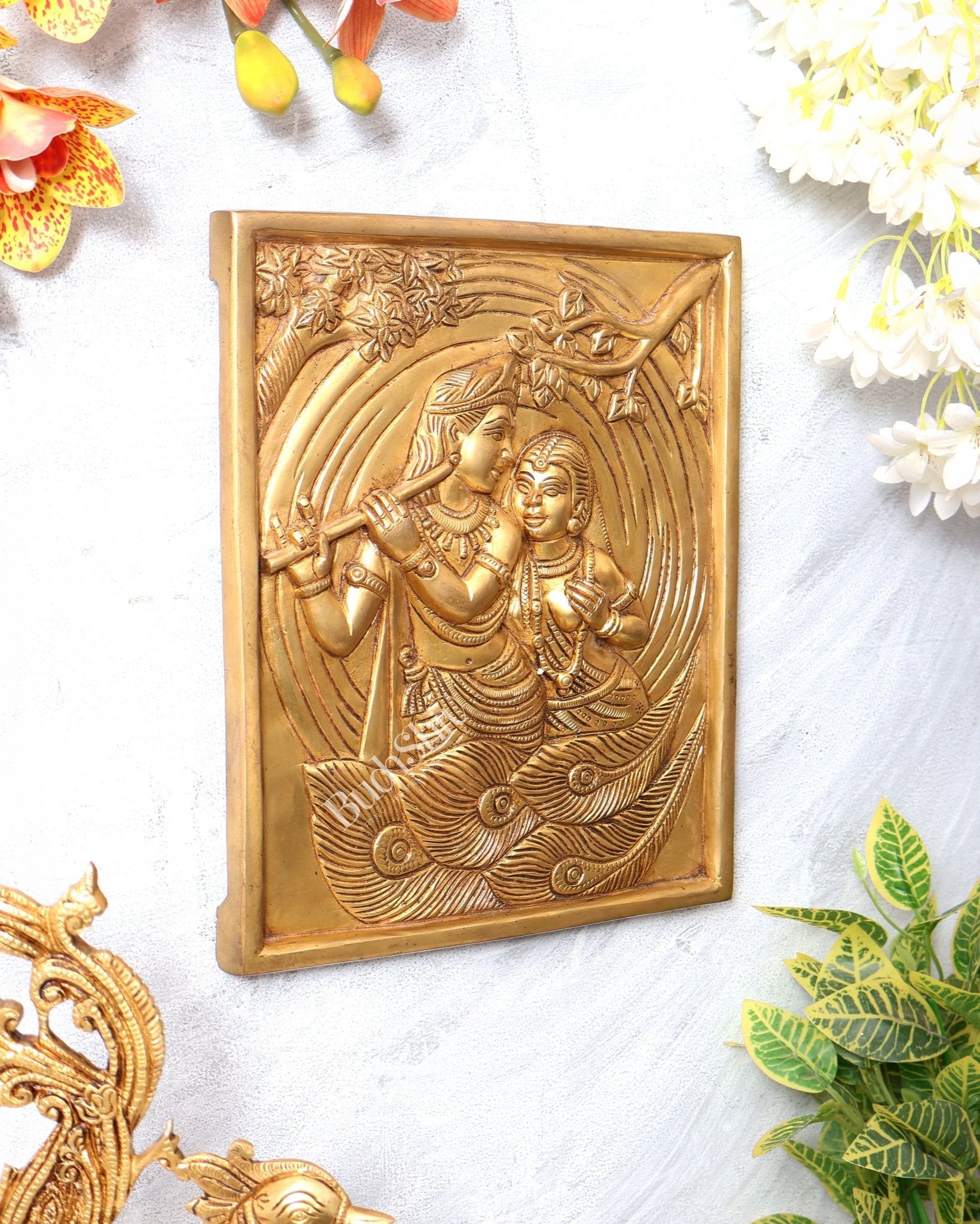 Pure Brass Radha Krishna with Kalpavriksha & Peacock Motifs – 3D Wall Hanging 11 inch - Budhshiv.com