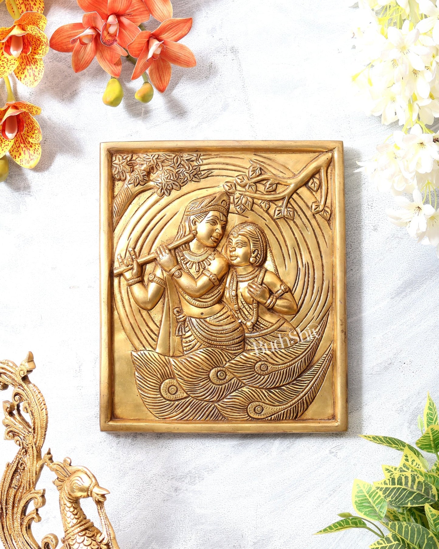 Pure Brass Radha Krishna with Kalpavriksha & Peacock Motifs – 3D Wall Hanging 11 inch - Budhshiv.com
