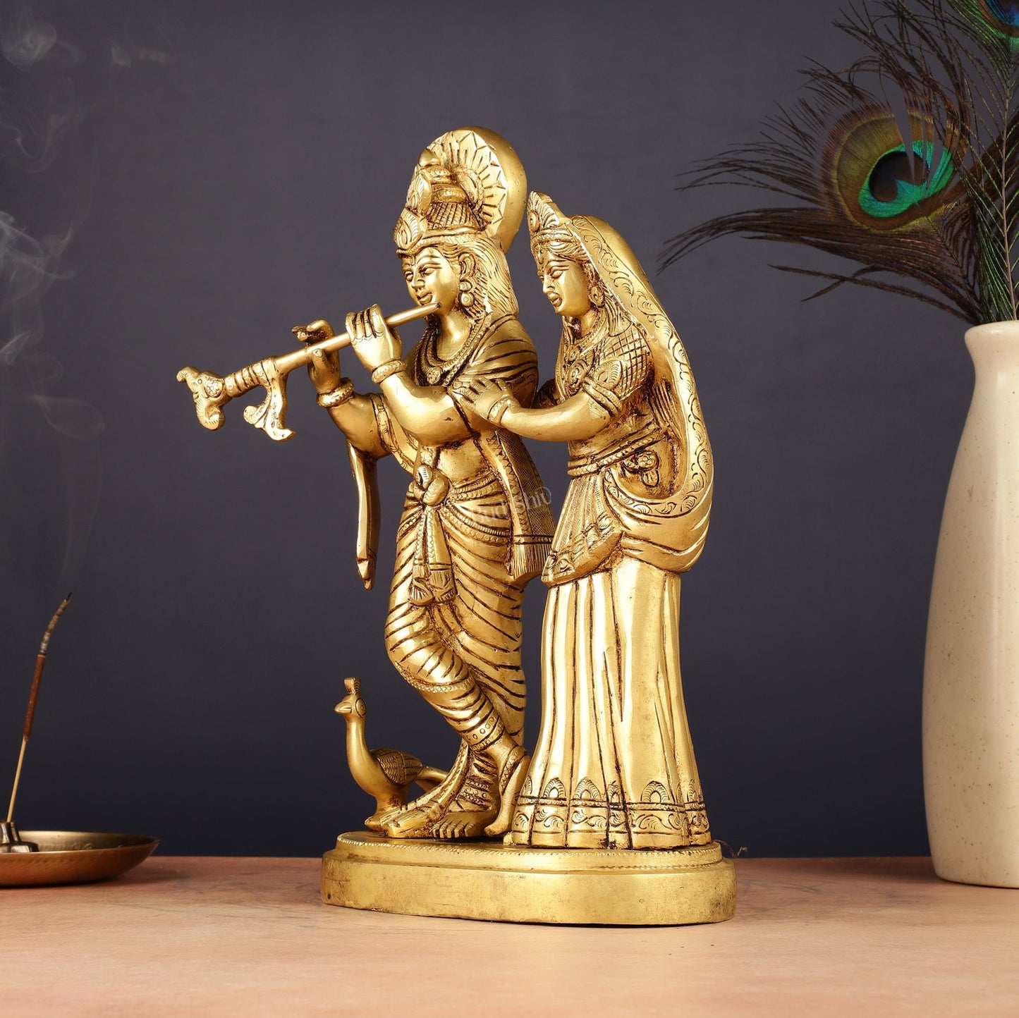 Pure Brass Radha Krishna with Peacock Idol - 11 inch - Budhshiv.com