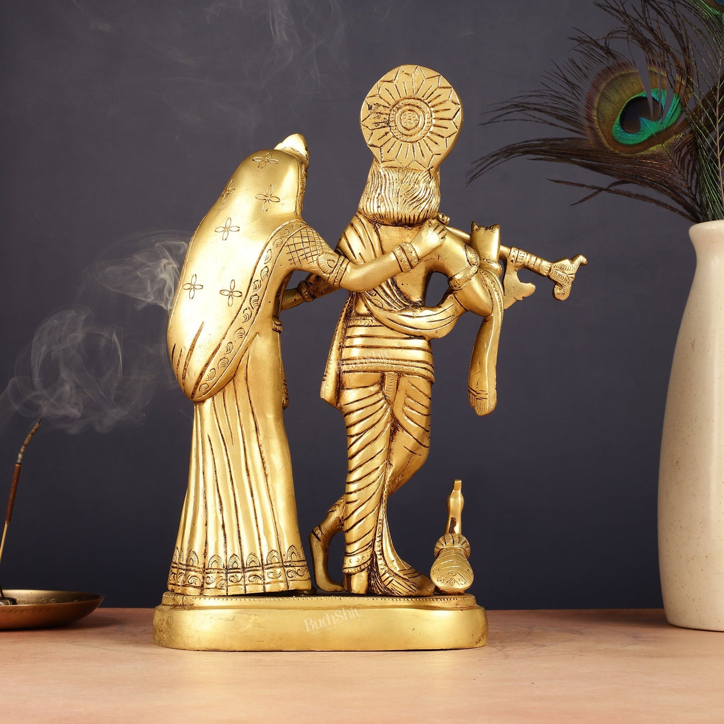 Pure Brass Radha Krishna with Peacock Idol - 11 inch - Budhshiv.com