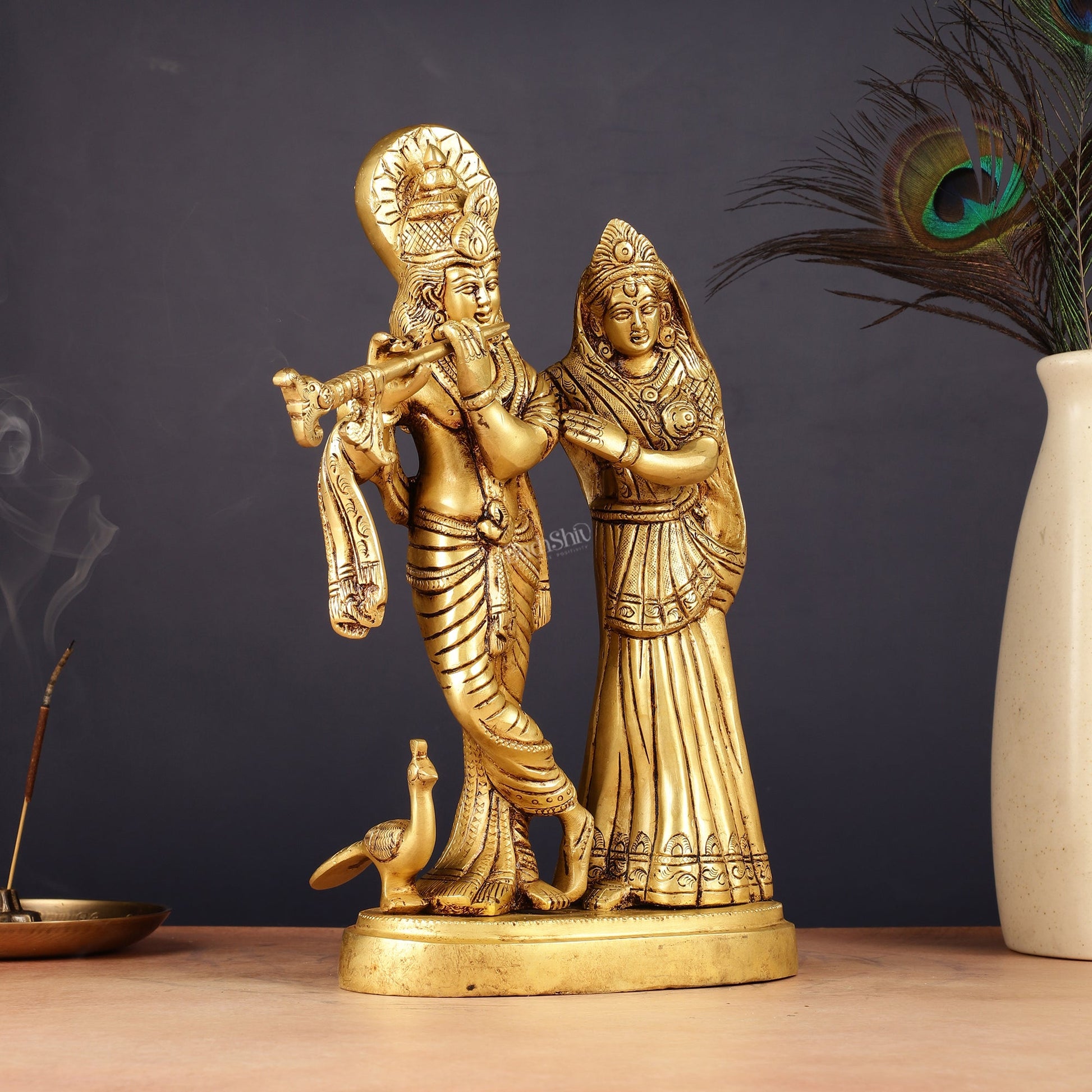 Pure Brass Radha Krishna with Peacock Idol - 11 inch - Budhshiv.com