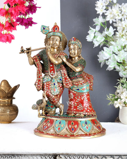 Pure Brass Radha Krishna with Peacock Idol - 16 inch with meenakari Stonework - Budhshiv.com