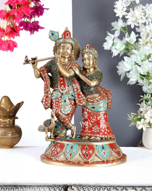 Pure Brass Radha Krishna with Peacock Idol - 16 inch with meenakari Stonework - Budhshiv.com