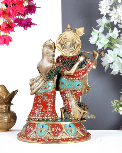 Pure Brass Radha Krishna with Peacock Idol - 16 inch with meenakari Stonework - Budhshiv.com