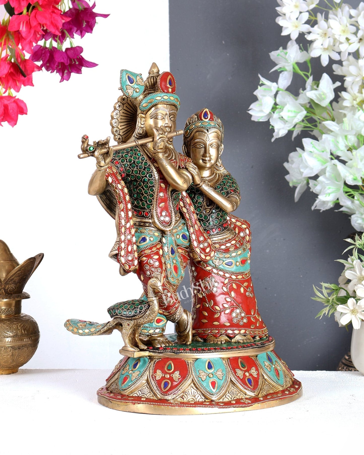 Pure Brass Radha Krishna with Peacock Idol - 16 inch with meenakari Stonework - Budhshiv.com