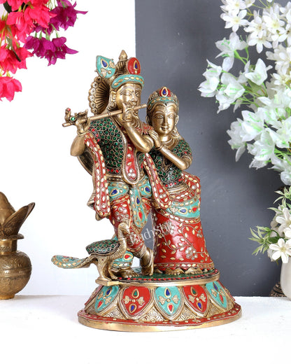 Pure Brass Radha Krishna with Peacock Idol - 16 inch with meenakari Stonework - Budhshiv.com