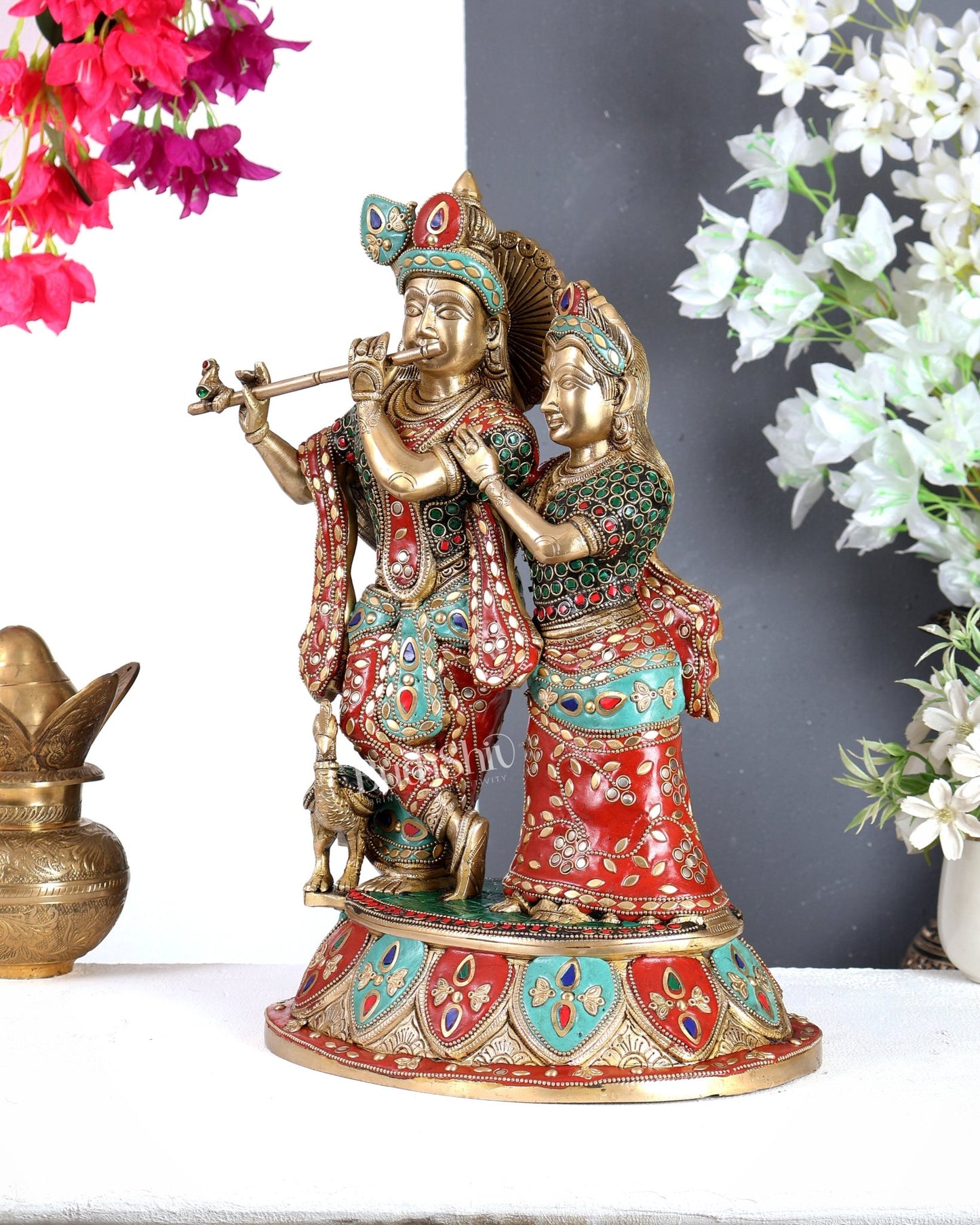 Pure Brass Radha Krishna with Peacock Idol - 16 inch with meenakari Stonework - Budhshiv.com