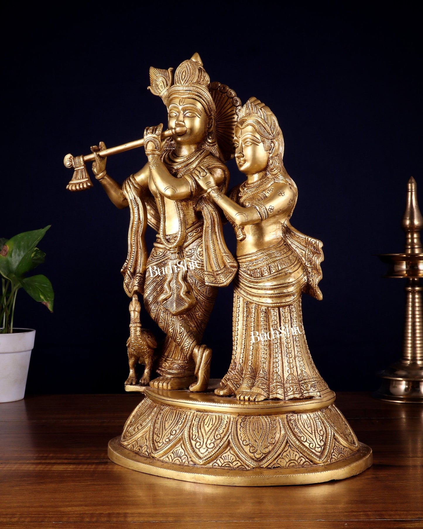 Pure Brass Radha Krishna with Peacock Idol - 16" - Budhshiv.com