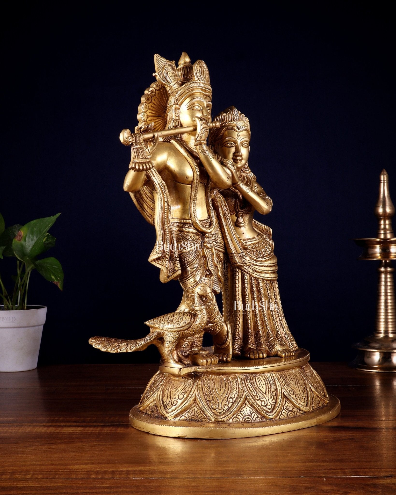 Pure Brass Radha Krishna with Peacock Idol - 16" - Budhshiv.com