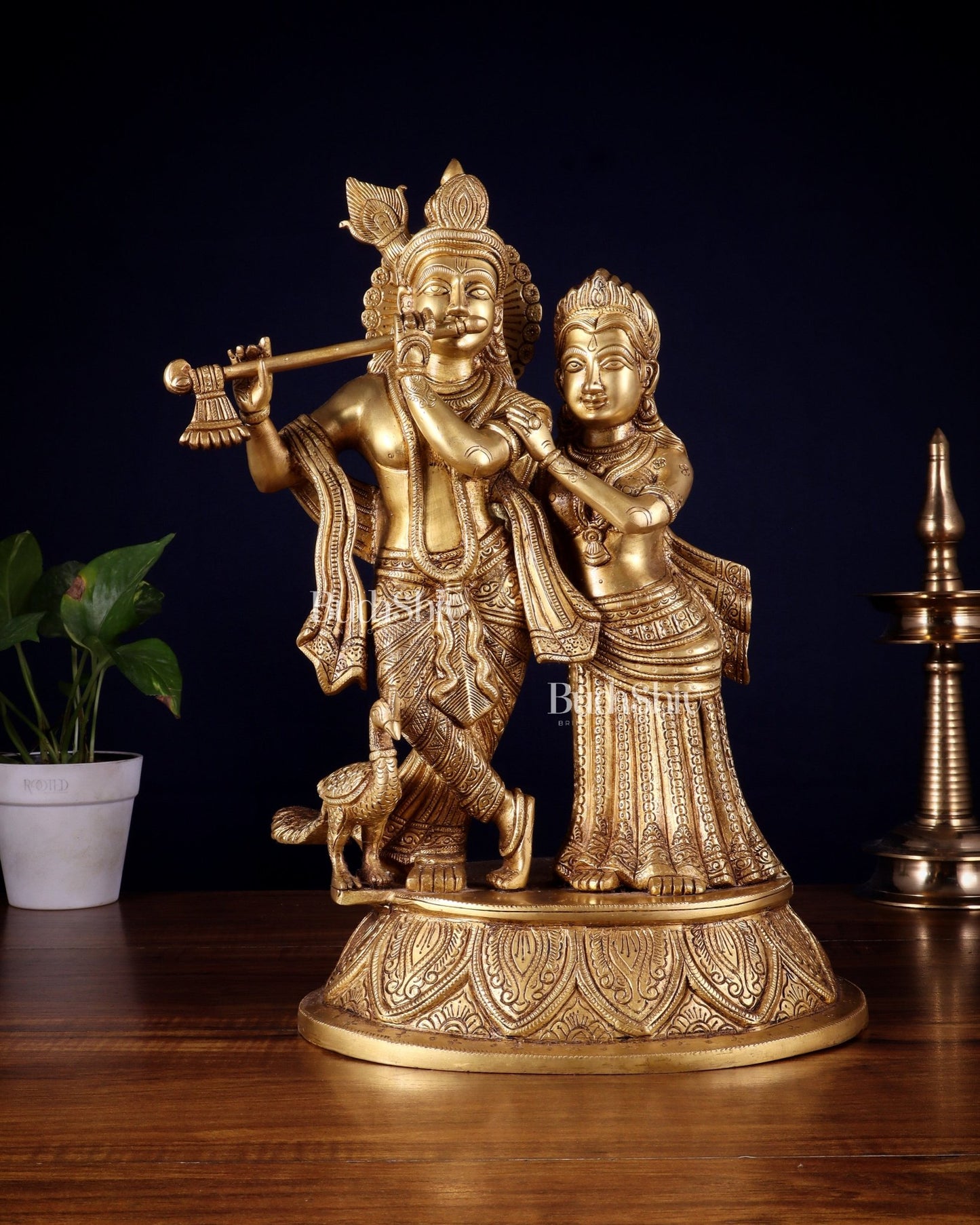 Pure Brass Radha Krishna with Peacock Idol - 16" - Budhshiv.com