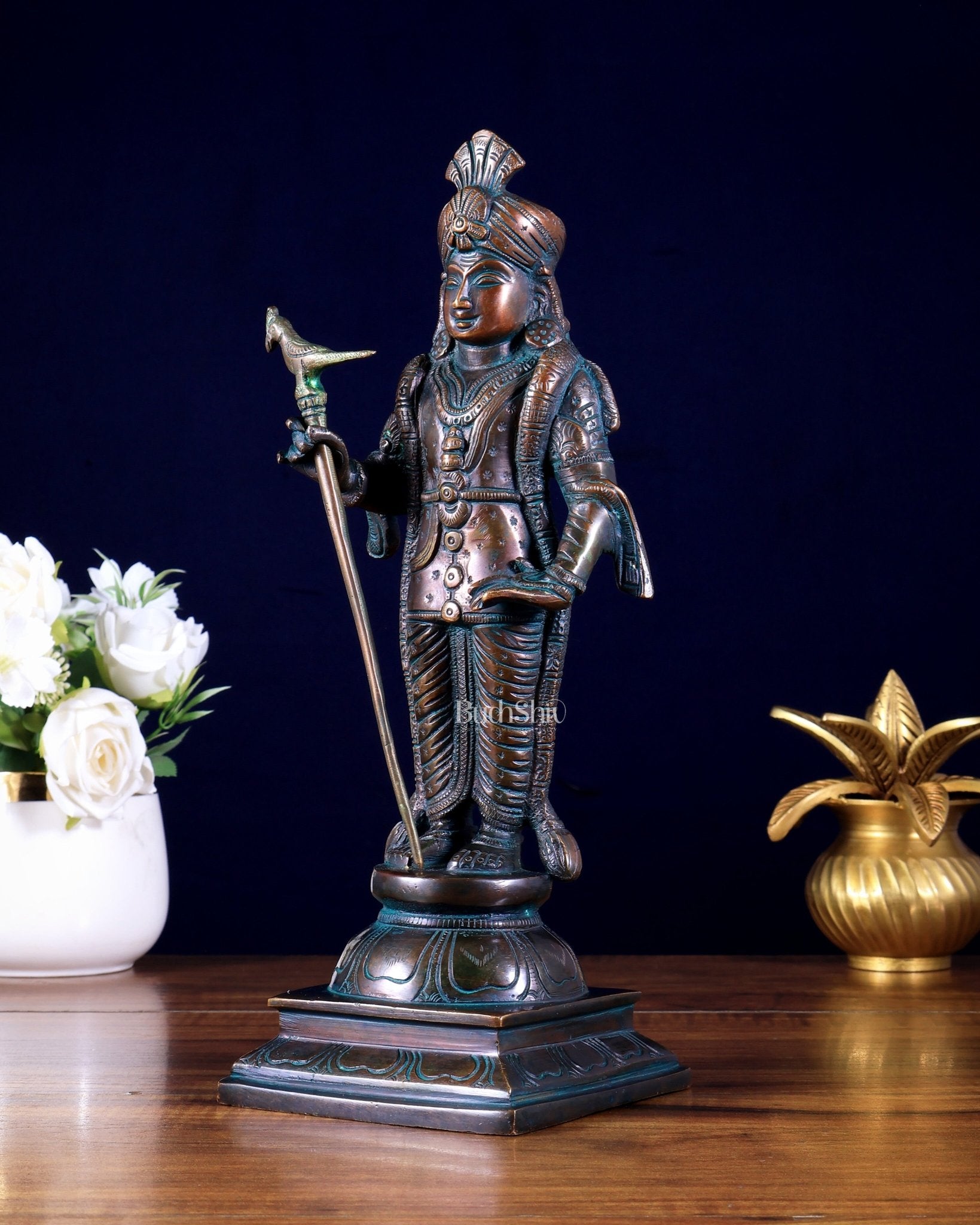 Pure Brass Raja Murugan Statue - 12" antique finish - Budhshiv.com