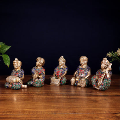 Pure Brass Rajasthani Musicians – Set of 5 Traditional Instrument Players - Budhshiv.com