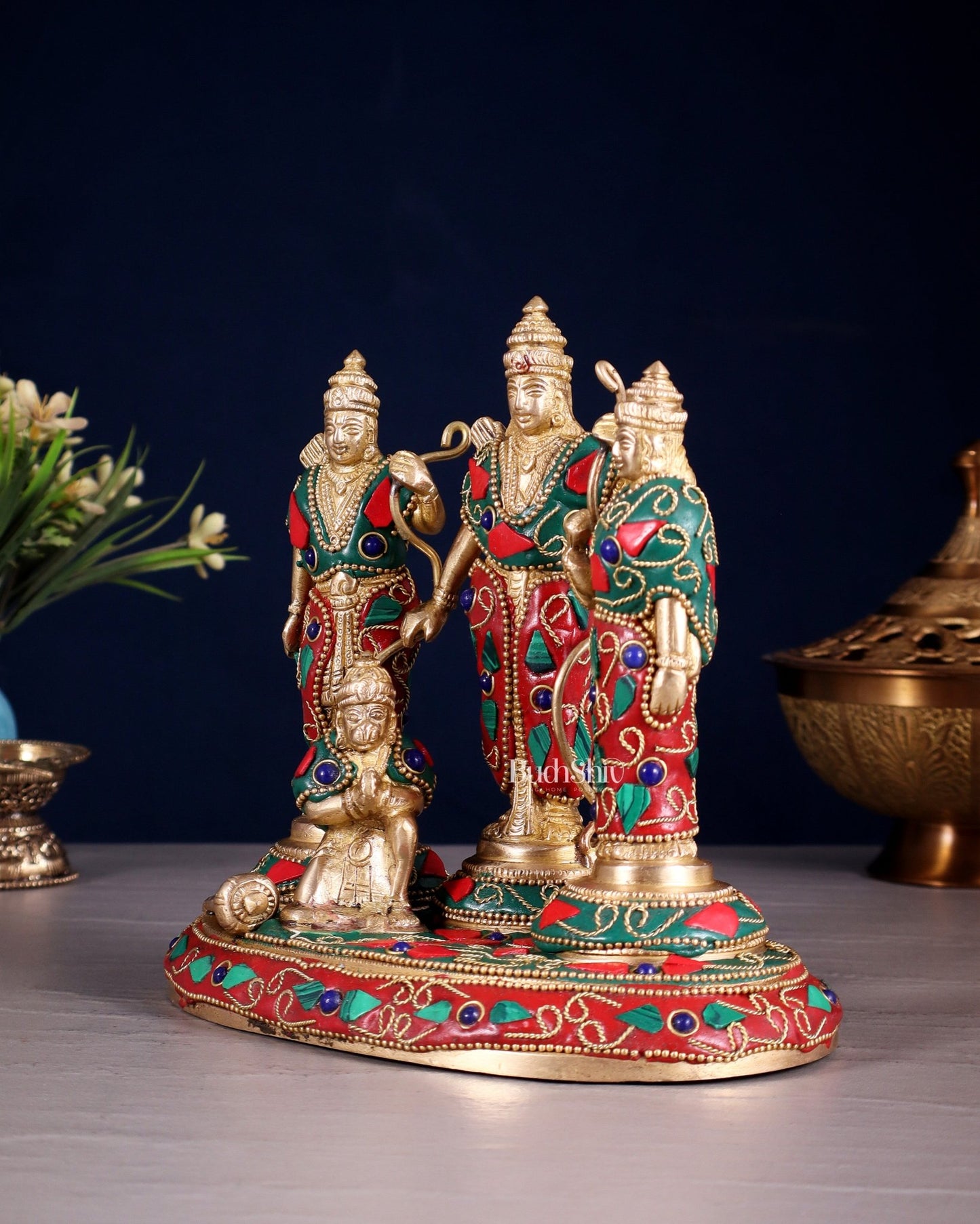 Pure Brass Ram Darbar Idol – Floral stonework, 7" - Budhshiv.com