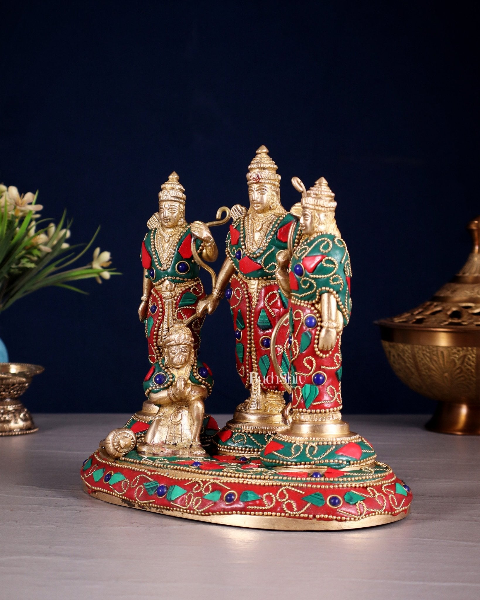 Pure Brass Ram Darbar Idol – Floral stonework, 7" - Budhshiv.com