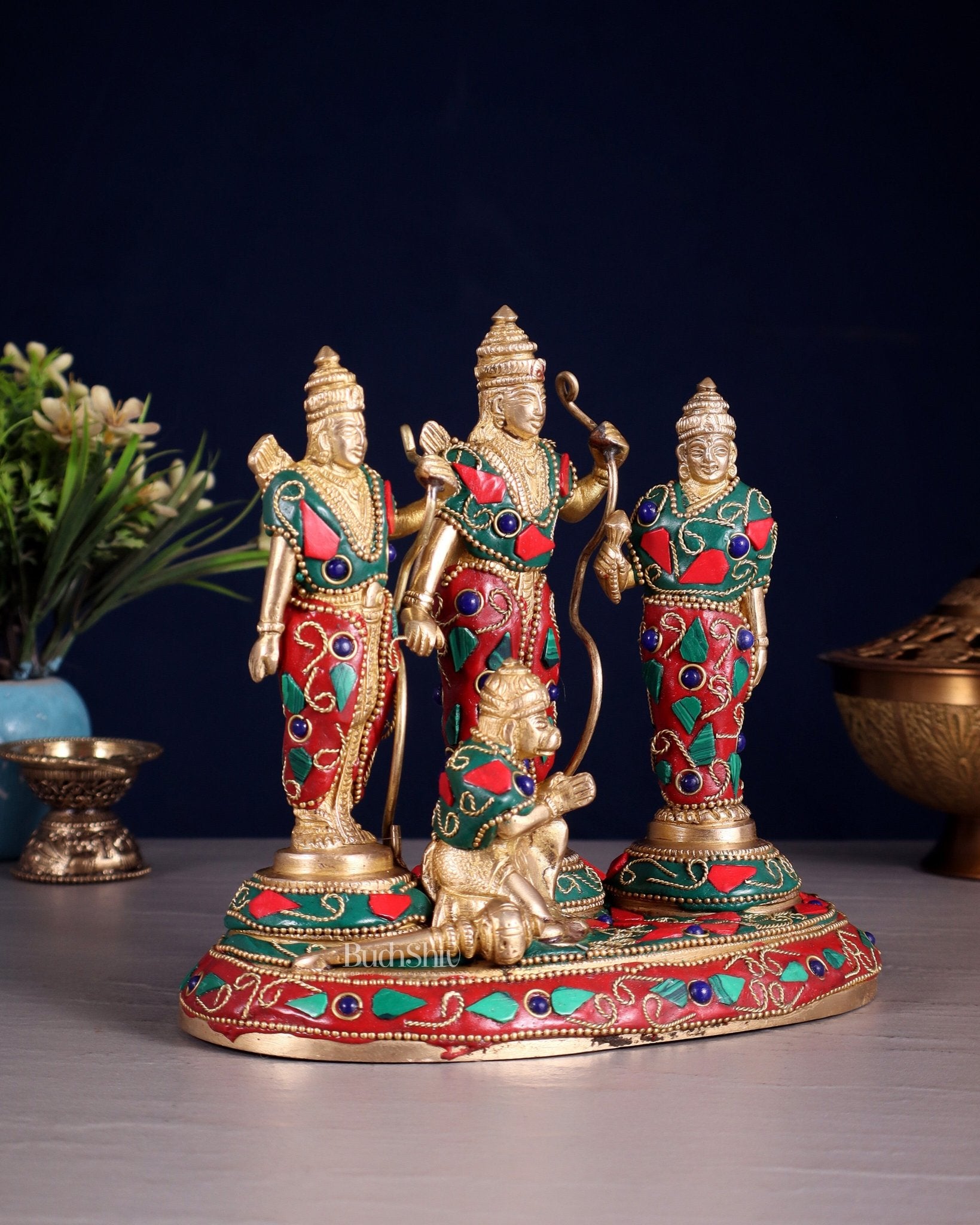 Pure Brass Ram Darbar Idol – Floral stonework, 7" - Budhshiv.com