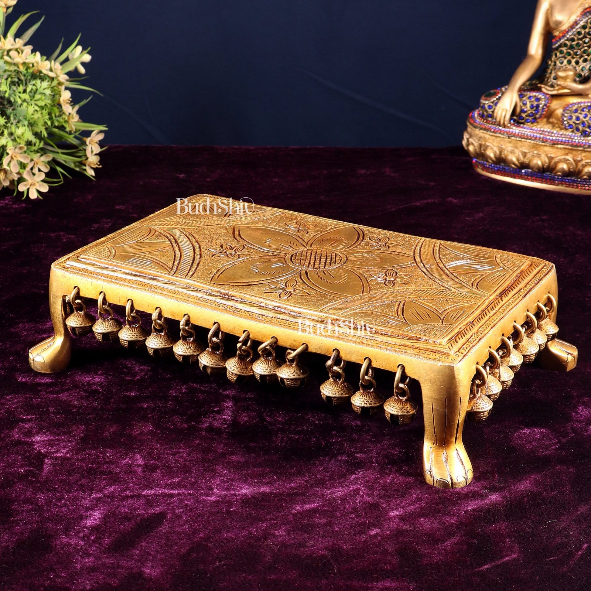Pure Brass rectangular Chowki for God Idols 10.5 inch - Budhshiv.com