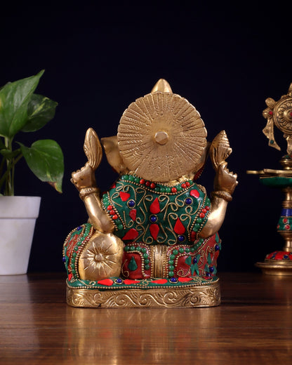 Pure Brass Relaxing Lord Ganesha Statue with Meenakari Stonework 6.5" - Budhshiv.com