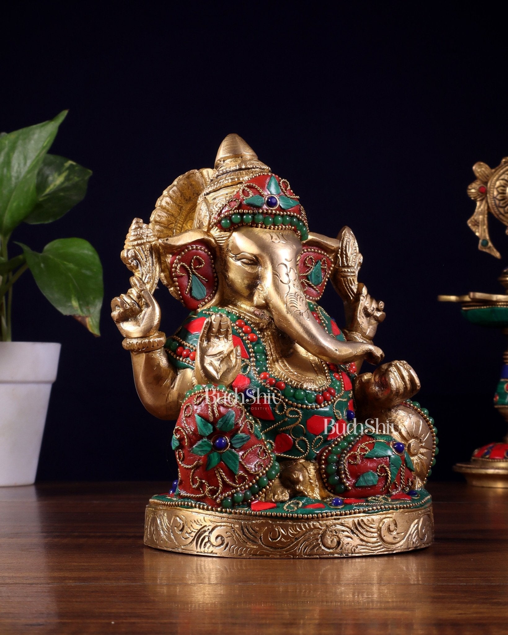 Pure Brass Relaxing Lord Ganesha Statue with Meenakari Stonework 6.5" - Budhshiv.com