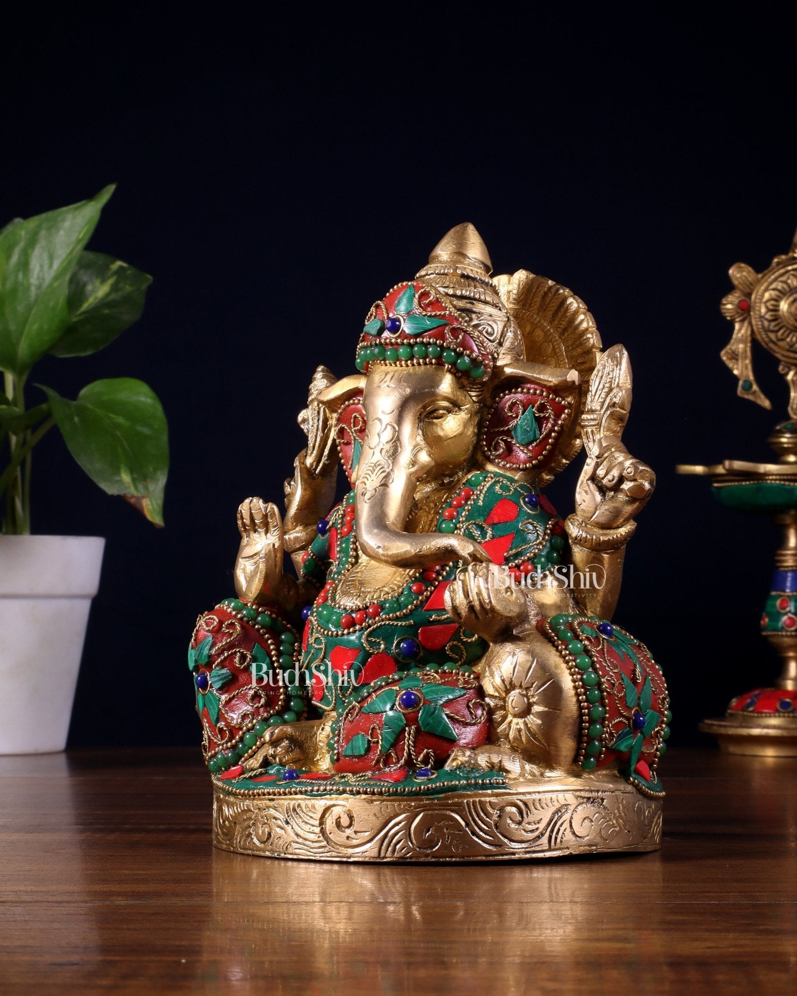 Pure Brass Relaxing Lord Ganesha Statue with Meenakari Stonework 6.5" - Budhshiv.com