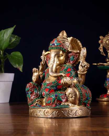 Pure Brass Relaxing Lord Ganesha Statue with Meenakari Stonework 6.5" - Budhshiv.com