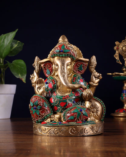 Pure Brass Relaxing Lord Ganesha Statue with Meenakari Stonework 6.5" - Budhshiv.com