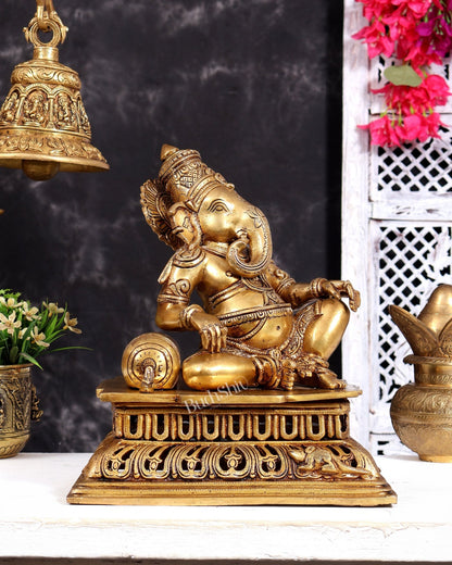 Pure Brass Resting Ganesha Statue 12 inch enhanced carvings - Budhshiv.com