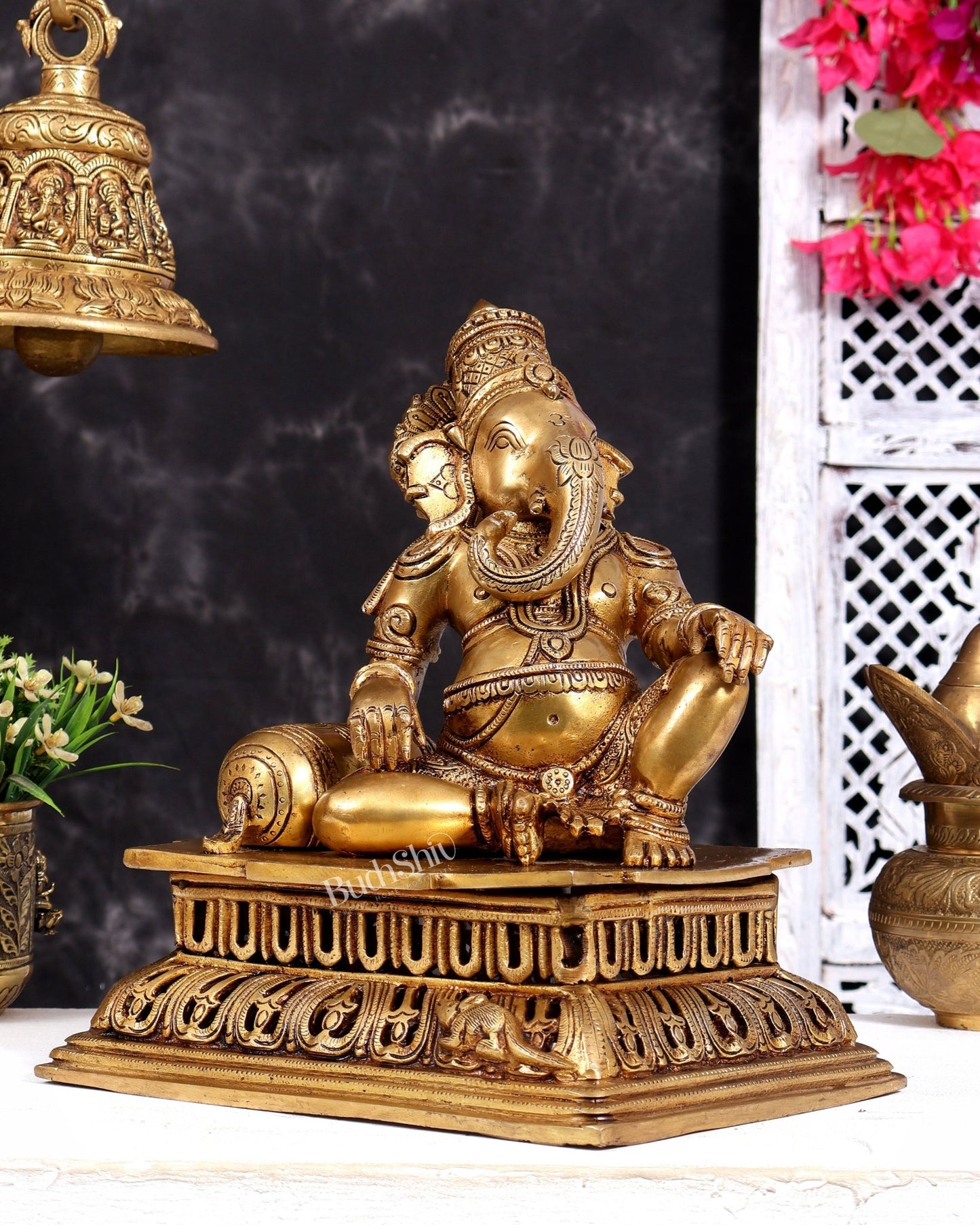 Pure Brass Resting Ganesha Statue 12 inch enhanced carvings - Budhshiv.com