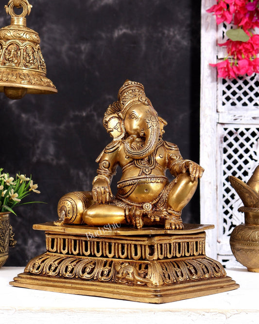 Pure Brass Resting Ganesha Statue 12 inch enhanced carvings - Budhshiv.com
