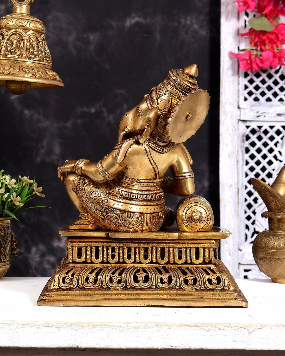 Pure Brass Resting Ganesha Statue 12 inch enhanced carvings - Budhshiv.com
