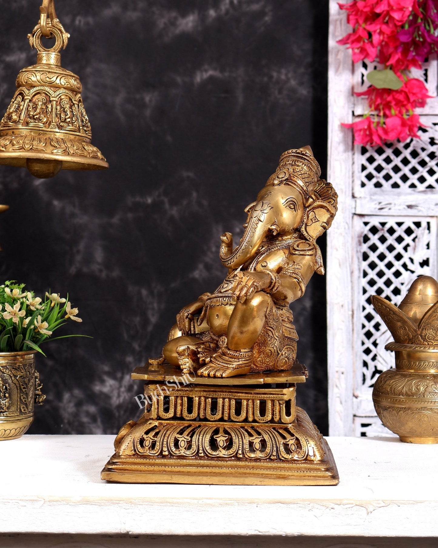 Pure Brass Resting Ganesha Statue 12 inch enhanced carvings - Budhshiv.com
