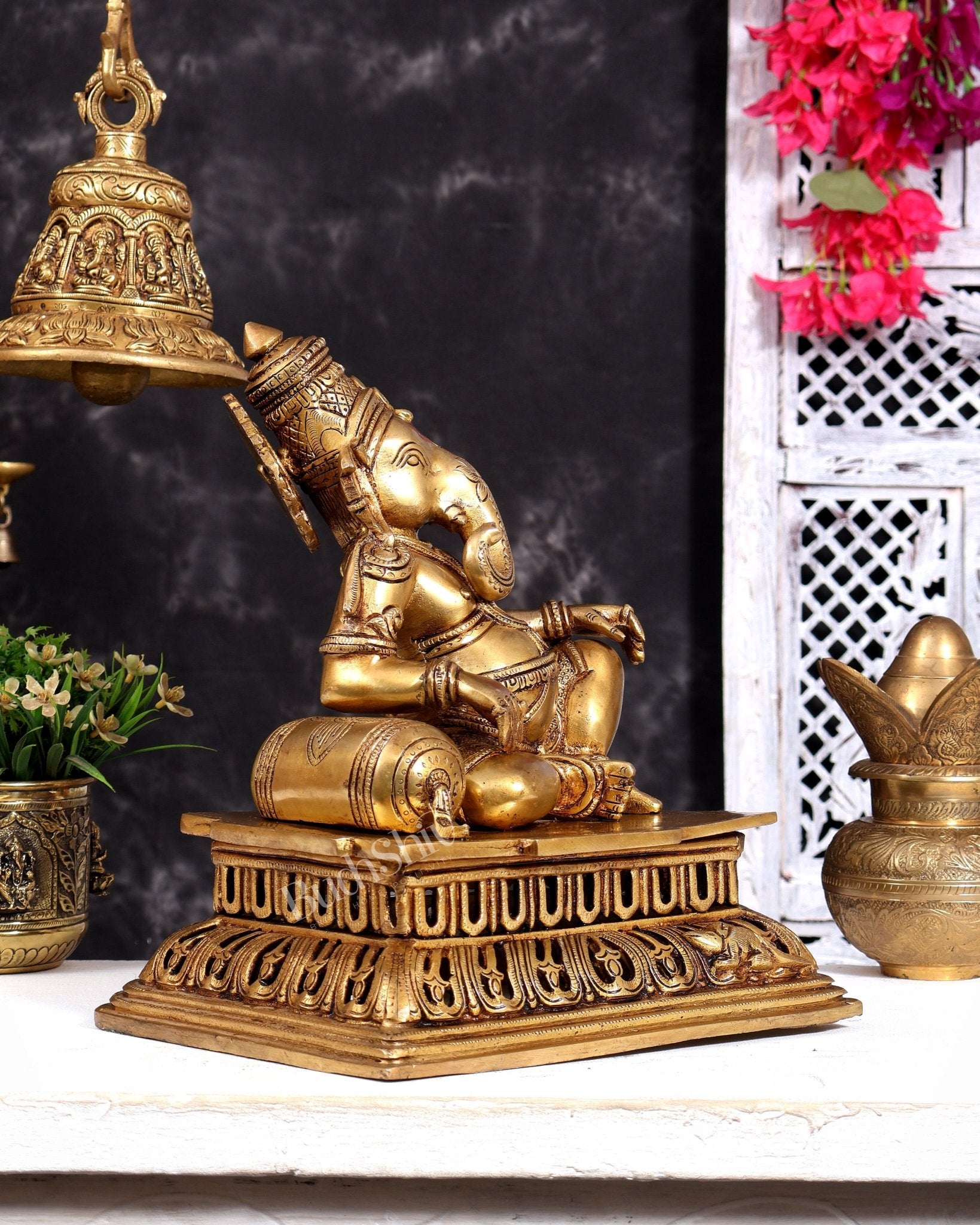 Pure Brass Resting Ganesha Statue 12 inch enhanced carvings - Budhshiv.com
