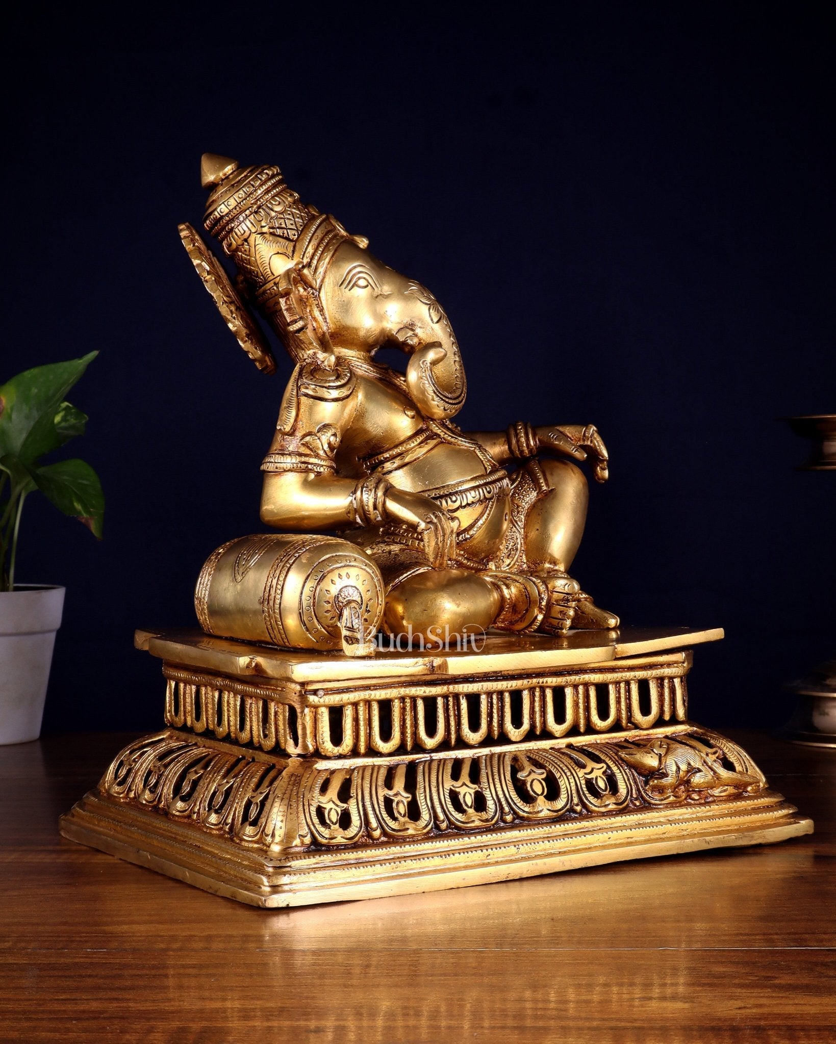 Pure Brass Resting Ganesha Statue 12" - Budhshiv.com